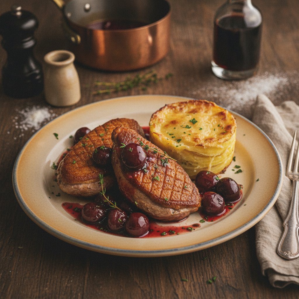 Pan-Seared Duck Breast with Cherry-Port Reduction and Potato Gratin